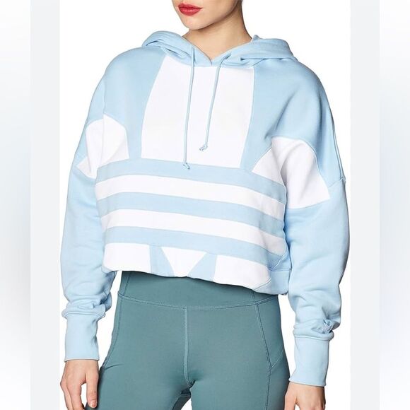Adidas Originals Large Trefoil Logo Cropped Hoodie Sweatshirt Small Light Blue - Picture 1 of 5